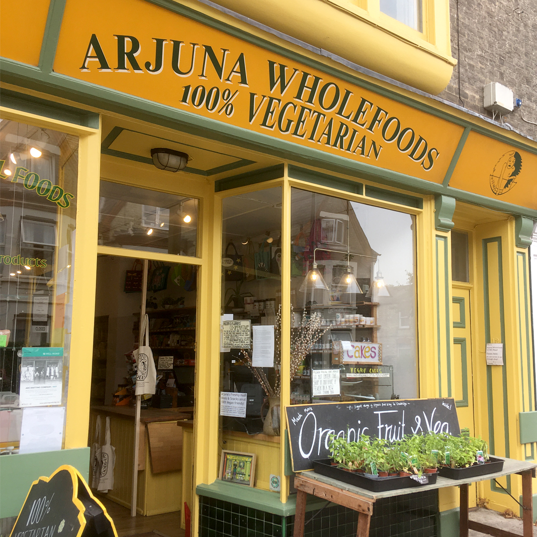 The store front of Arjuna Wholefoods on Cambridge's Mill Road.